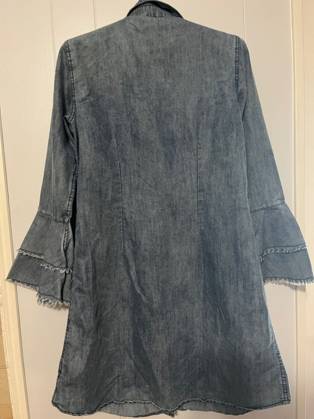 Washed Denim Midi Shirt Dress with Ruffle Sleeves - Blue - Picture 7 of 8